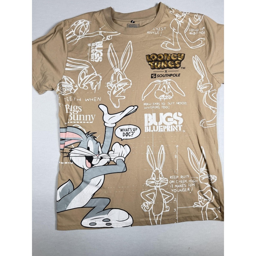 Looney Tunes Southpole Shirt Mens Medium Beige Bugs Bunny Blueprint Graphic Tee - Picture 2 of 8